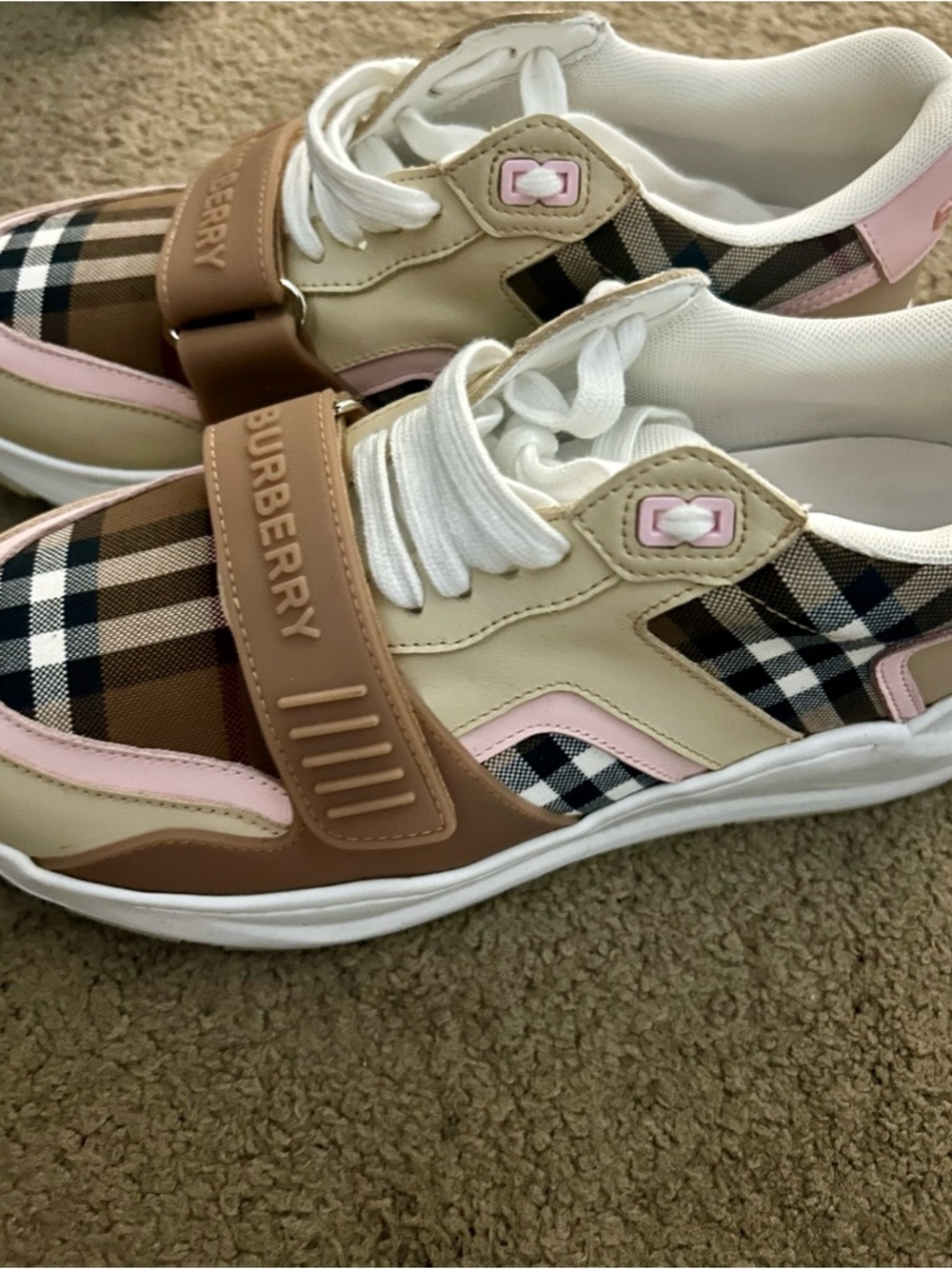 Burberry Beige Brown Pink Check Strap Sneakers